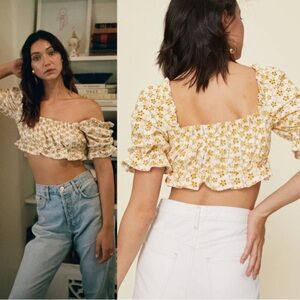 LPA XXS LPA Cropped Peasant Top With Puff Sleeves, eyelet white and yell…